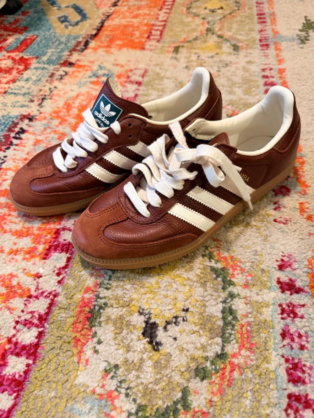 ADIDAS Brown Leather Sneakers with White Stripes. Size US men’s 6.5 / Women’s 8 - Picture 10 of 13